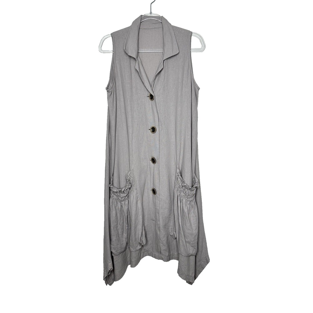 For Cynthia Linen blend Dress Size M Gray Sharkbite Hem Pockets Lagenlook